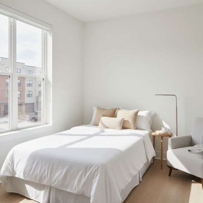 Sunny, minimalist one-bedroom apartment interior