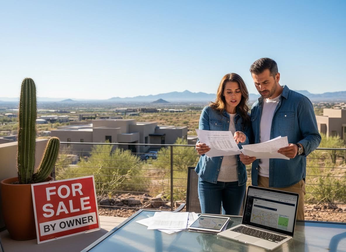 Couple reviewing home sale documents on patio