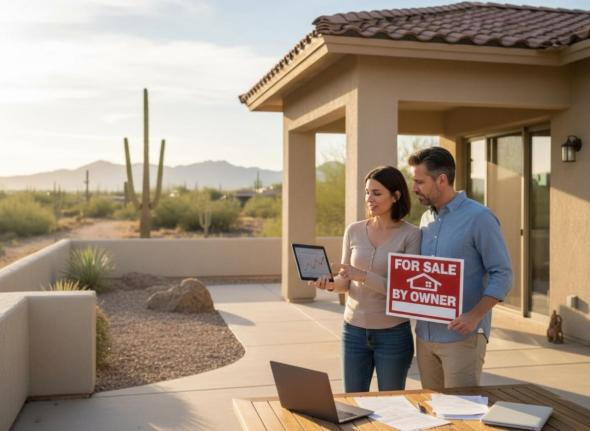 Couple reviewing data while selling their home by owner in a desert setting