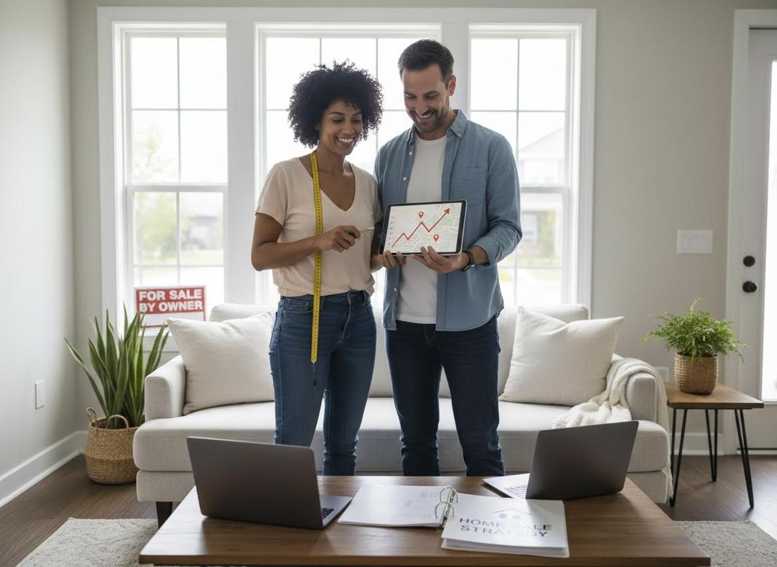 A smiling couple discusses their home sale. The woman points to a tablet displaying an upward trend, with a "For Sale By Owner" sign nearby. Couple reviewing home sale strategy on a tablet