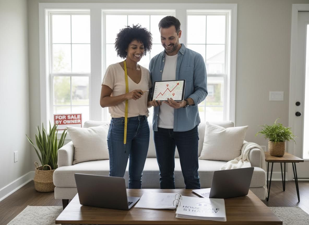 Couple reviewing home sale strategy on a tablet