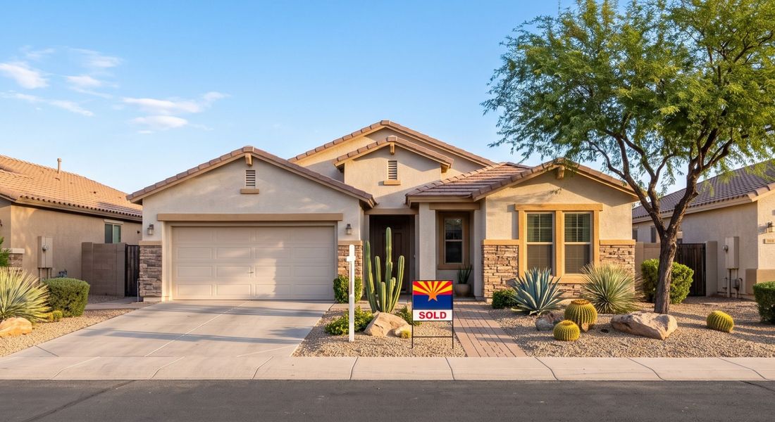 stucco house with sold sign in yard