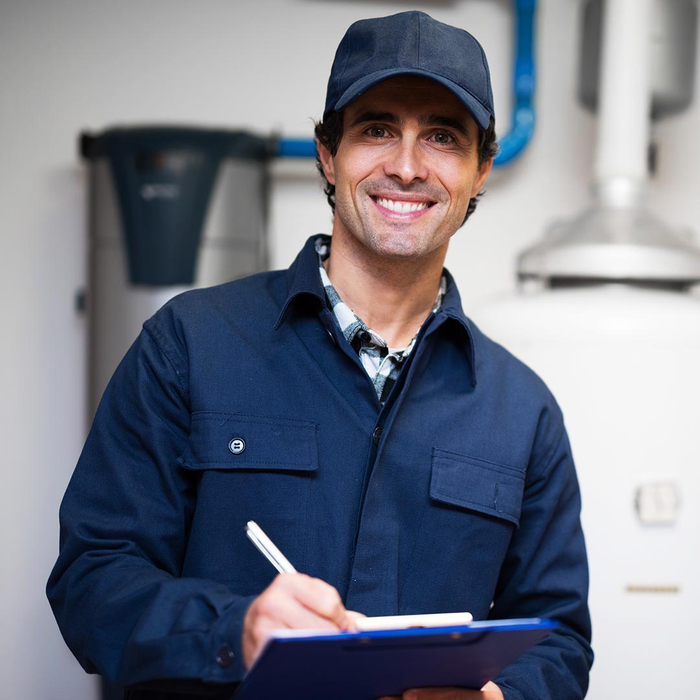 A smiling HVAC Technician holding a clipboard