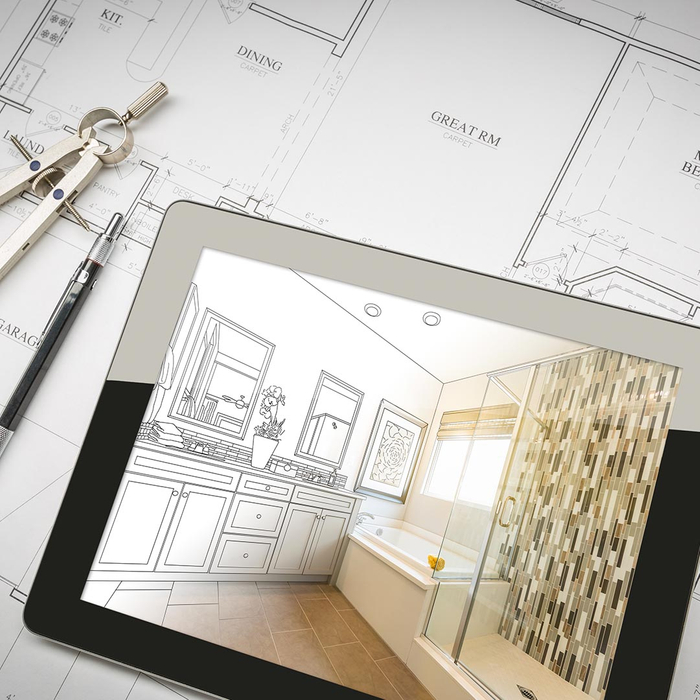 Tablet showing interior design plans sitting on top of floor plans