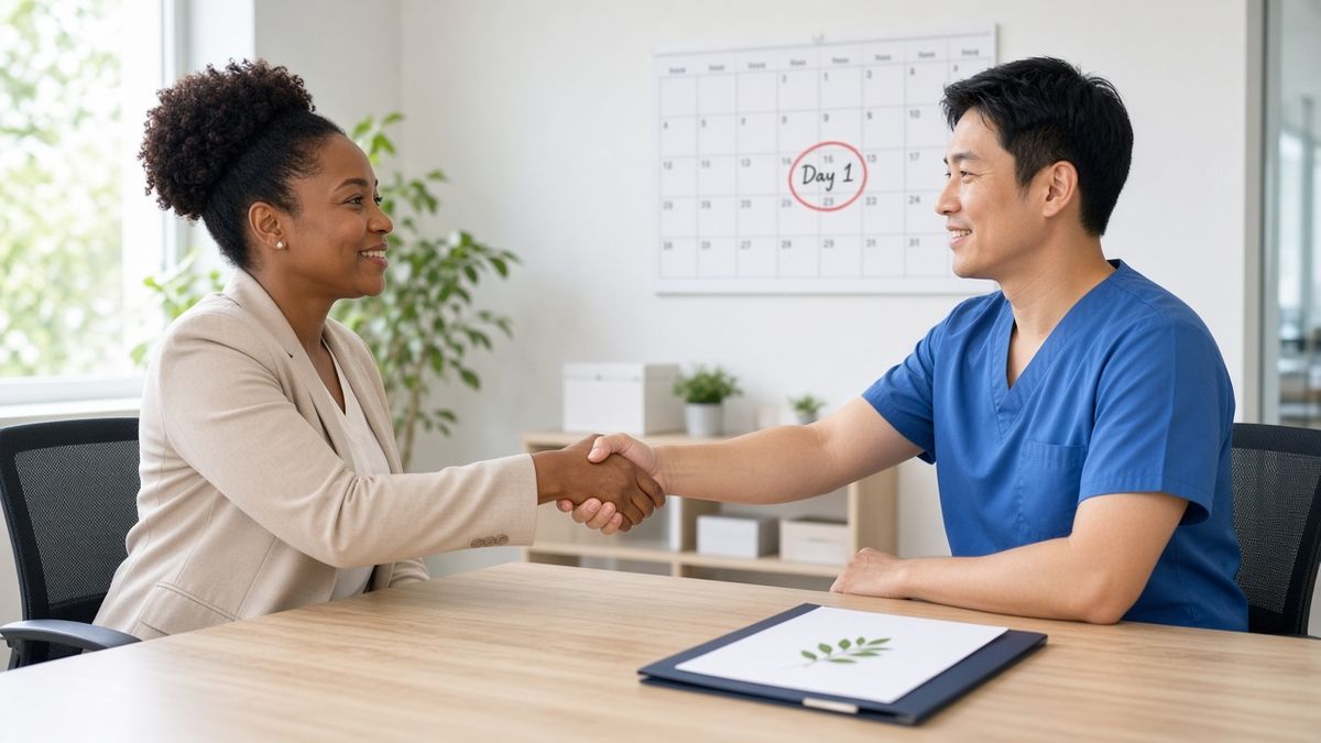 Hiring manager shaking hands with a new nurse hire, Day 1 circled on the calendar