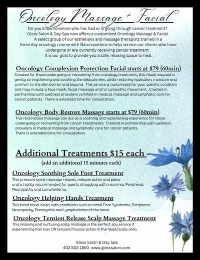 Oncology Massage + Facial Oncology Complexion Protection Facial starts at $79 (60 minutes) Created for those undergoing or recovering from oncology treatment, this ritual may aid in gently st.jpg