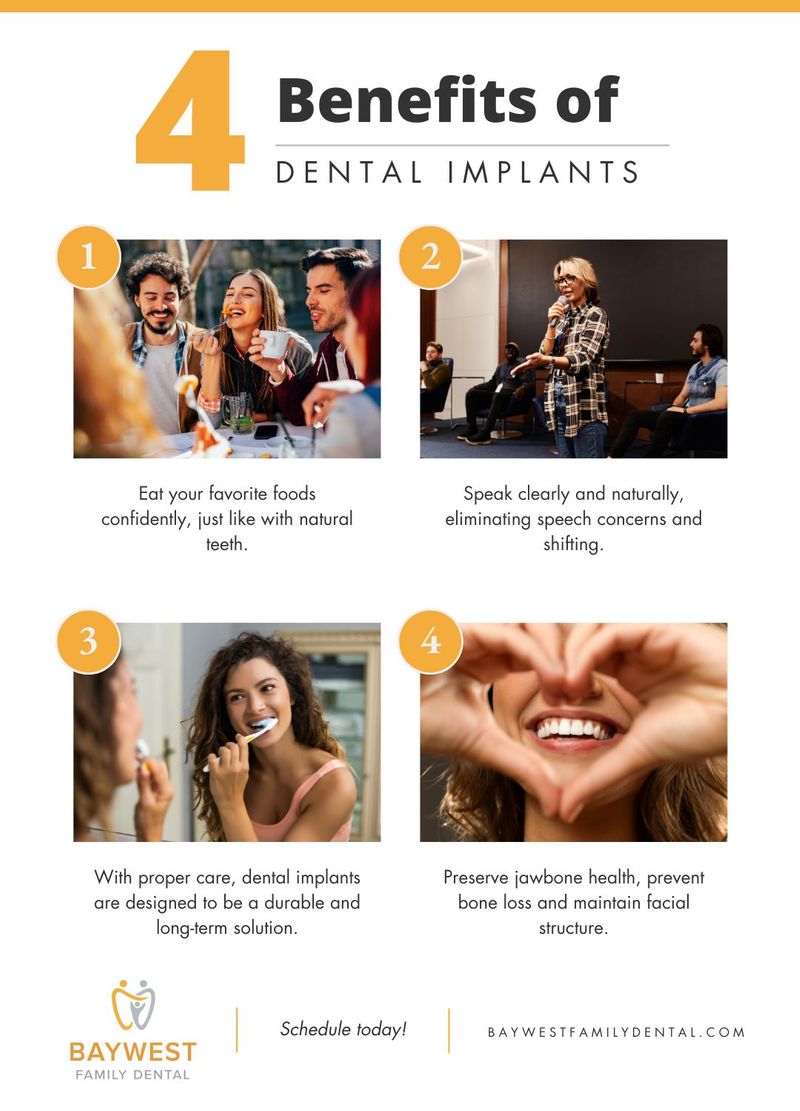 Infographic titled 4 Benefits of Dental Implants
