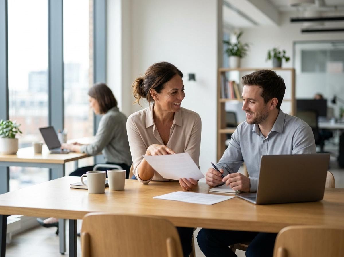 Two business colleagues discussing documents in an office