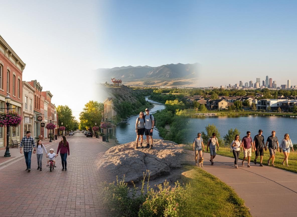 Contrasting Scenes: Historic Town Street and Rocky Mountain Landscape