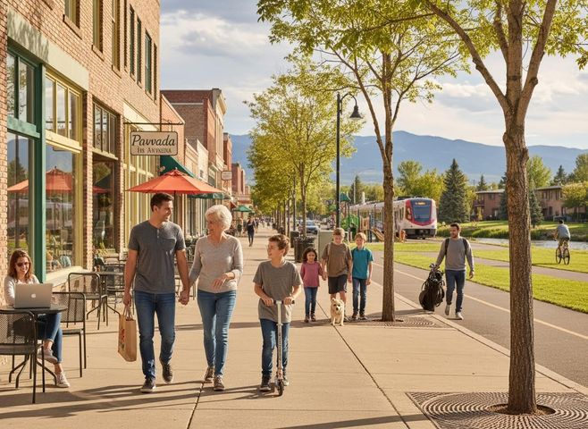 Families and Individuals Enjoying a Lively Town Street with a Train