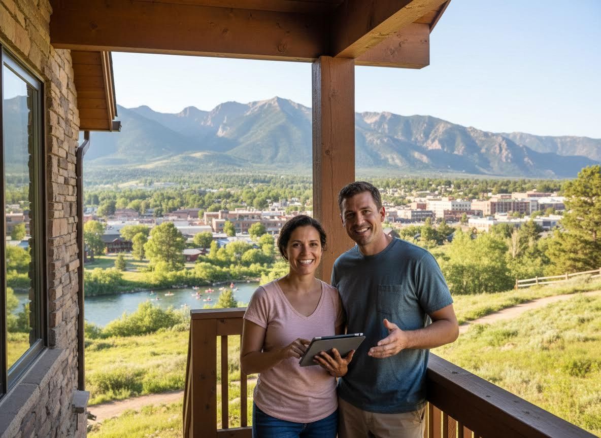 Smiling Couple on Balcony with Mountain and River View