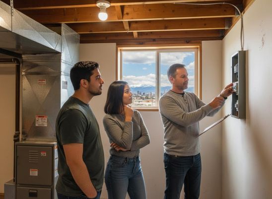 Home inspector explaining an electrical panel to a prospective couple