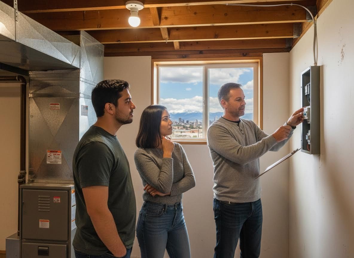Home inspector explaining an electrical panel to a prospective couple