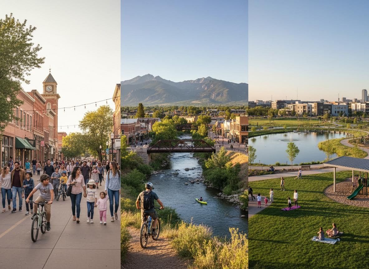 Collage of diverse urban and natural environments: bustling street, mountain river, and modern park