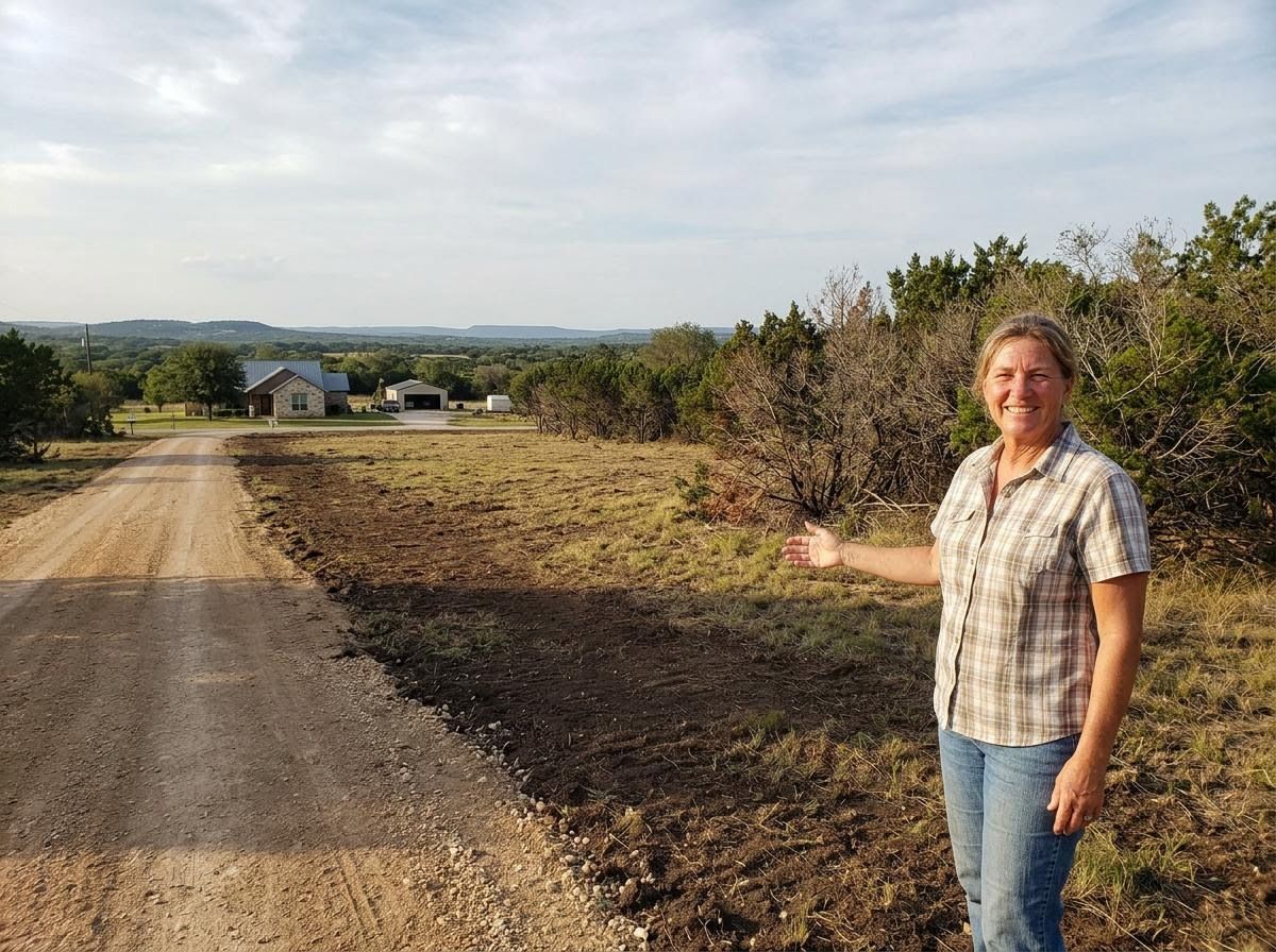 Woman on Rural Property with Cleared Land and Distant House