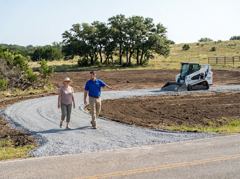 Contractor and client on a new gravel driveway with a Bobcat loader