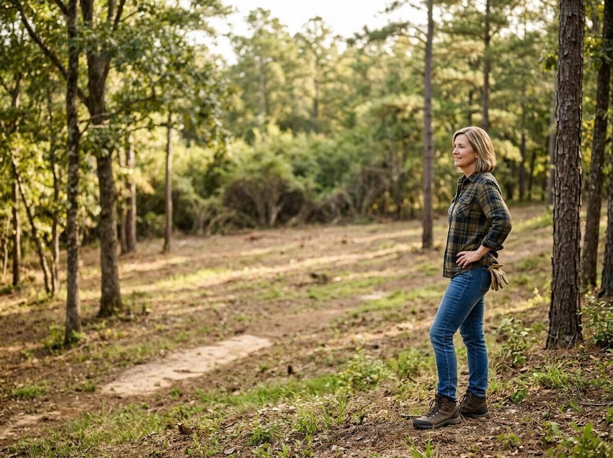 Woman in plaid shirt standing in a forest