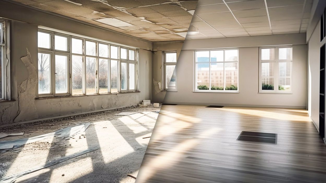 Before and after home renovation showing transformation from damaged interior to fully finished room with new flooring and windows by Stride Pro Builders.