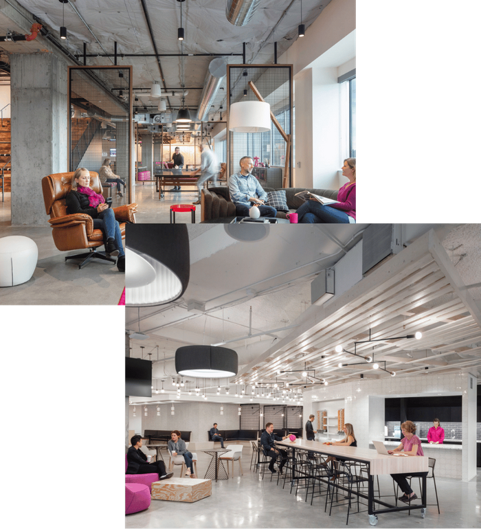 Modern commercial lounge with seating area where BKG Construction Group facilitates post-construction training and system orientation for building owners and facility teams. Casual meeting space in a completed commercial building representing BKG Construct