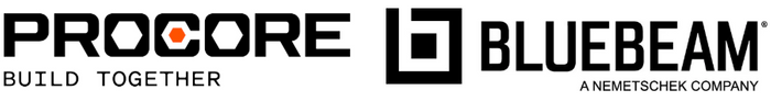 Procore construction management platform logo used by BKG Construction Group for scheduling, budgeting, and project collaboration. And Bluebeam construction collaboration platform logo used by BKG Construction Group for document sharing, RFIs, drawings, an