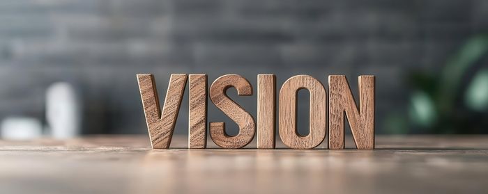 Wooden letters spelling "VISION" on a table, symbolizing BKG Construction Group’s commitment to quality, professionalism, and long-term partnerships in the construction industry.