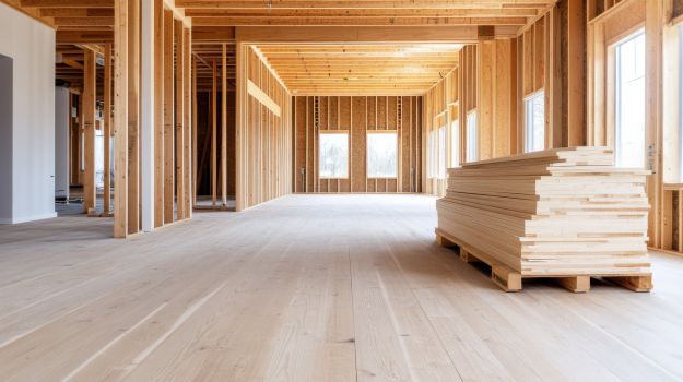 Wood framing in progress for residential home build, representing Stride Pro Builders respect and care for client properties during construction.