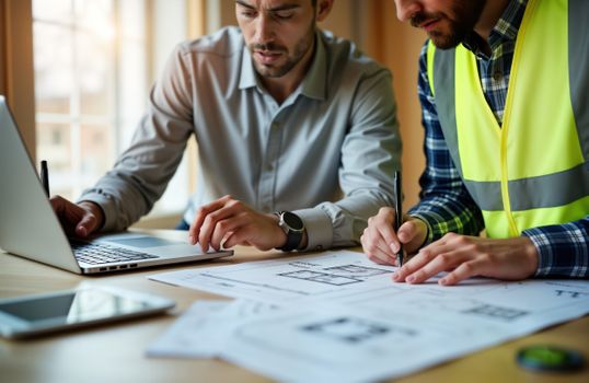 Construction project planning meeting with budget review documents, representing Stride Pro Builders commitment to realistic timelines and budgets.