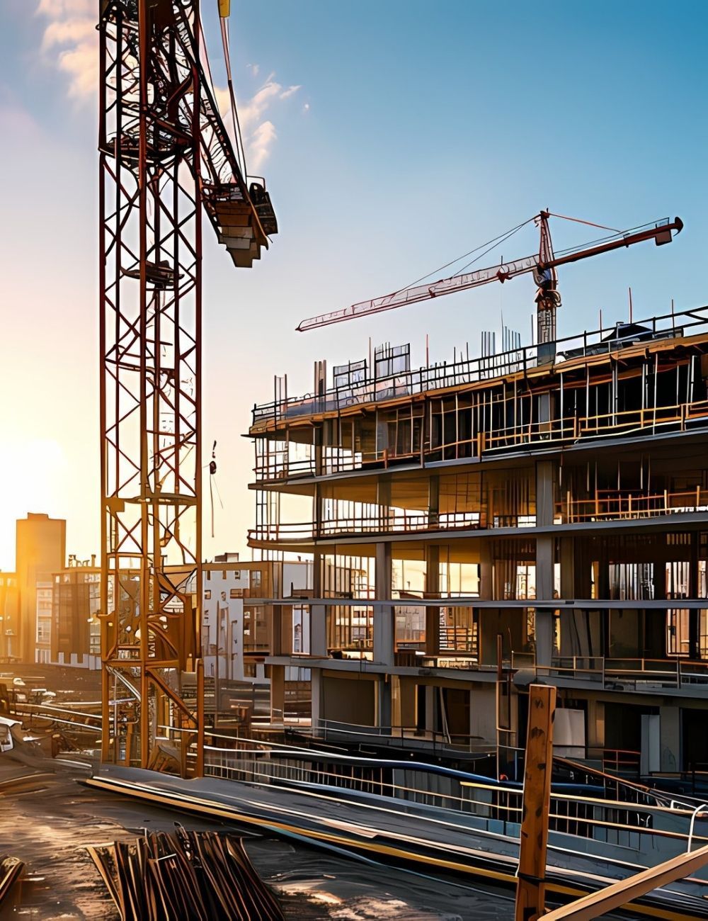 Commercial building under construction with crane and steel framework by BKG Construction Group. Commercial building under construction with crane and steel framework by BKG Construction Group.