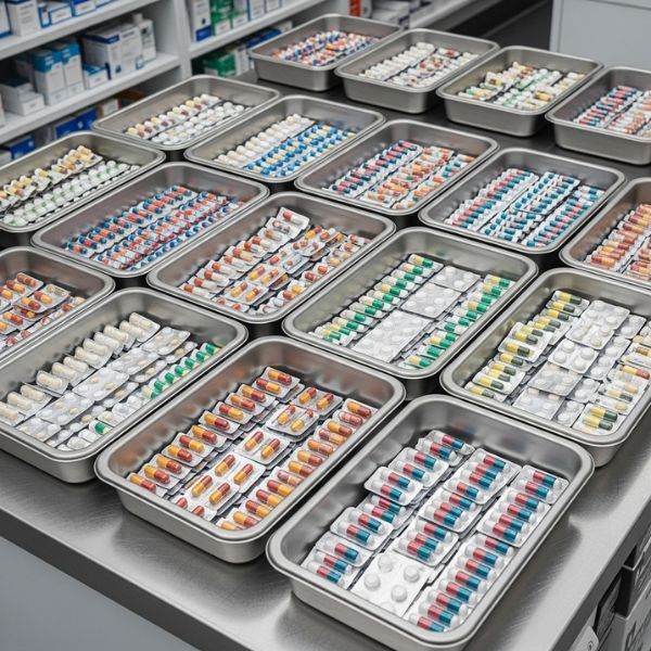 organized trays filled with medication blister packs on a steel counter