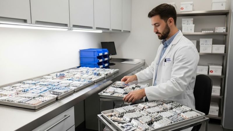 healthcare professional in a lab coat efficiently organizes numerous medication blister packs