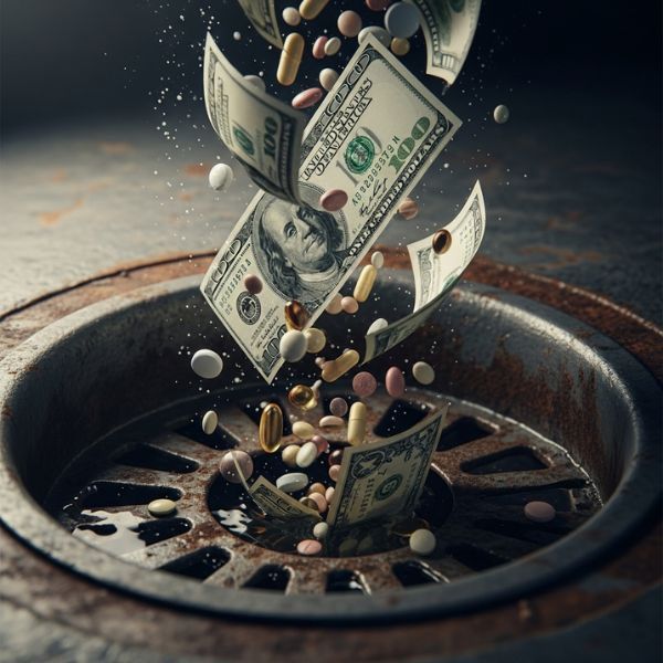 money going down a drain with pills mixed in