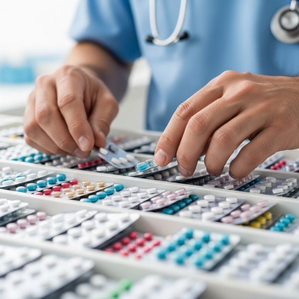 a nurse sorting through medication blister packs