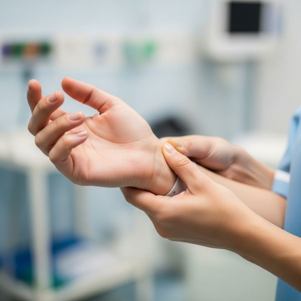 healthcare worker's hands, with one hand massaging the other's wrist
