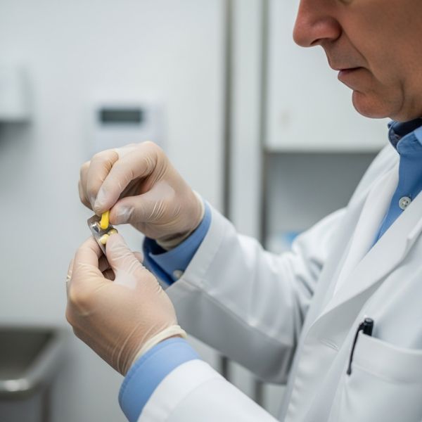 gloved hands slowly pushing a single pill from a blister pack