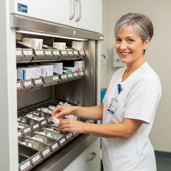 a nurse smiling sorting through medication