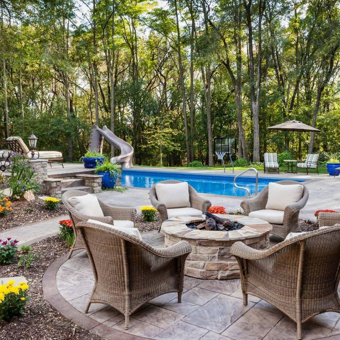 patio with firepit and pool
