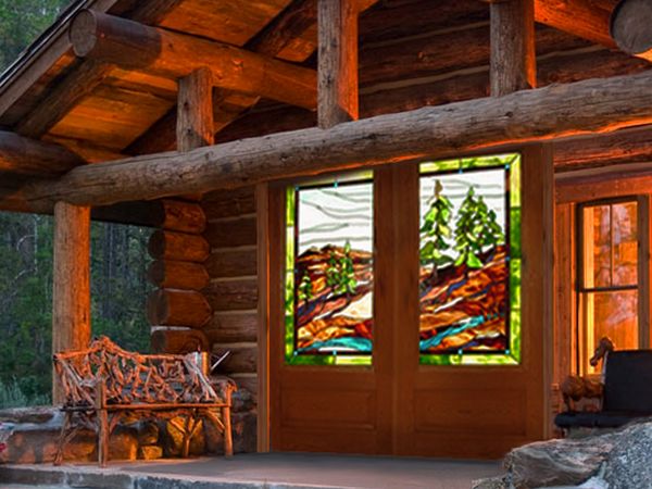 cabin with stained glass door