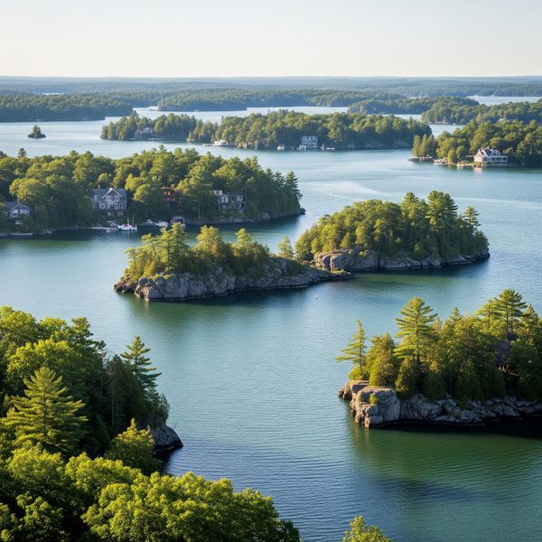 A calm, picturesque view of the tree-lined, rocky islands in the 1000 Islands region. A calm, picturesque view of the tree-lined, rocky islands in the 1000 Islands region.