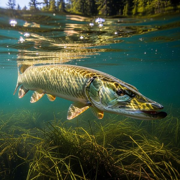 A large Muskellunge fish with olive green and gold scales in a clear lake. A large Muskellunge fish with olive green and gold scales in a clear lake.