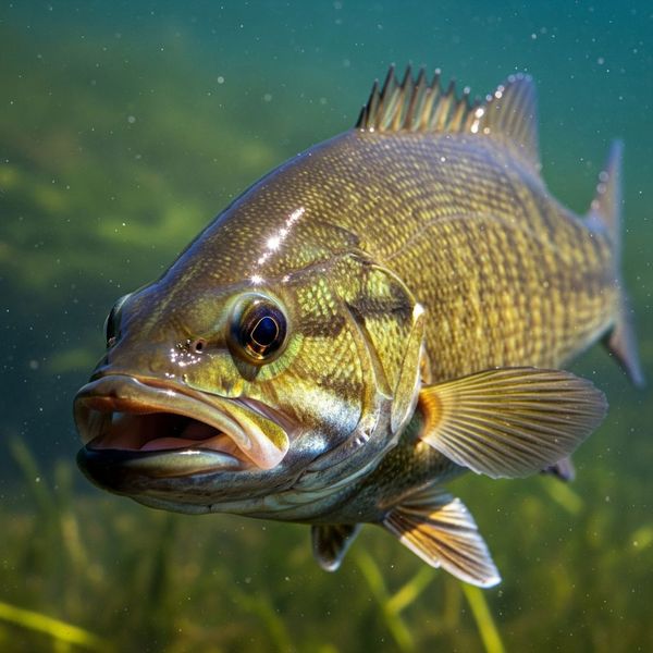 A Smallmouth Bass with mottled brown and green coloring in a clear lake. A Smallmouth Bass with mottled brown and green coloring in a clear lake.
