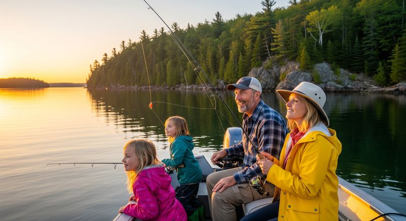 A family enjoying a beautiful sunrise on the water during a fishing trip in the Thousand Islands.