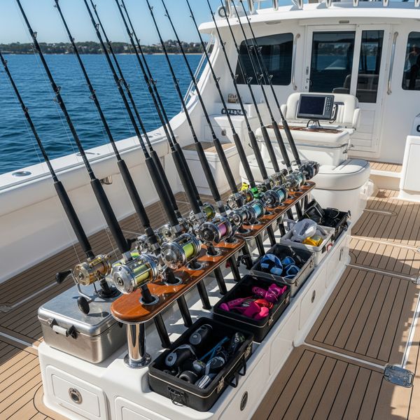 Neatly organized fishing rods and gear on the deck of a professional charter boat. Neatly organized fishing rods and gear on the deck of a professional charter boat.