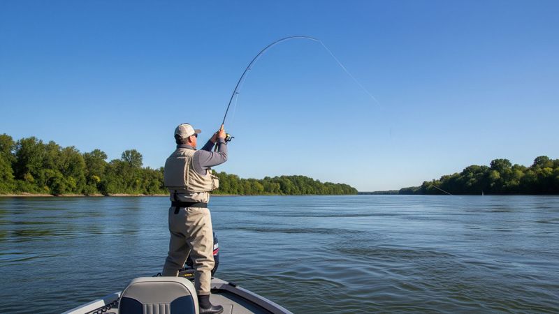 A fisherman casting a line into the St. Lawrence River from a boat on a sunny day.