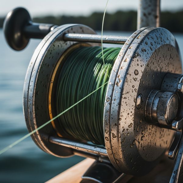 A close-up of a fishing reel with a taut line, indicating a fish is on the hook. A close-up of a fishing reel with a taut line, indicating a fish is on the hook.