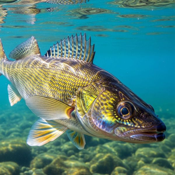 A close-up of a Walleye fish, showing its vibrant colors and large eye. A close-up of a Walleye fish, showing its vibrant colors and large eye.