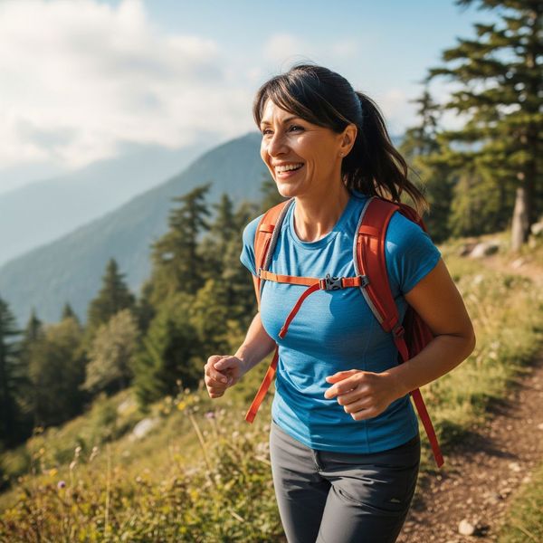 A confident and happy woman in her 50s hiking on a scenic trail