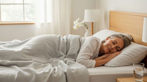 A woman in her 50s sleeping peacefully in a bright, modern bedroom