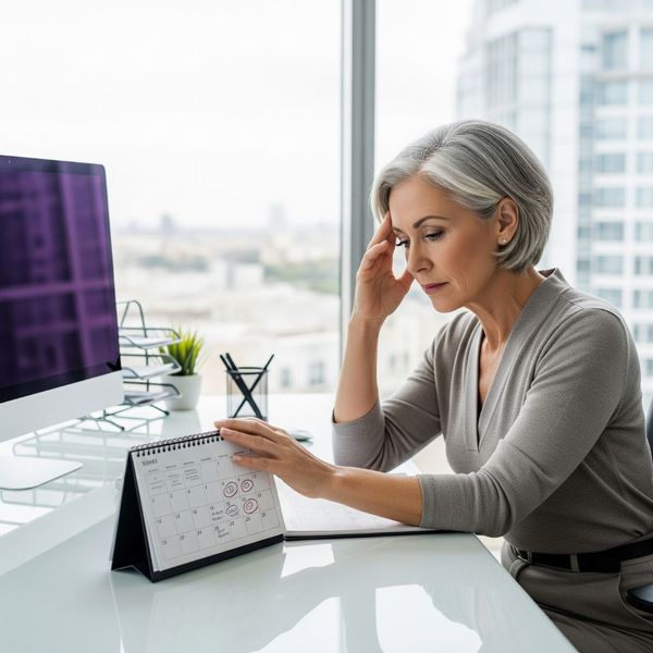 A woman in her 50s looking at a calendar, appearing tired