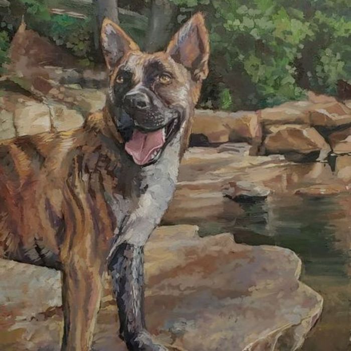 a painting of a dog at a riverside