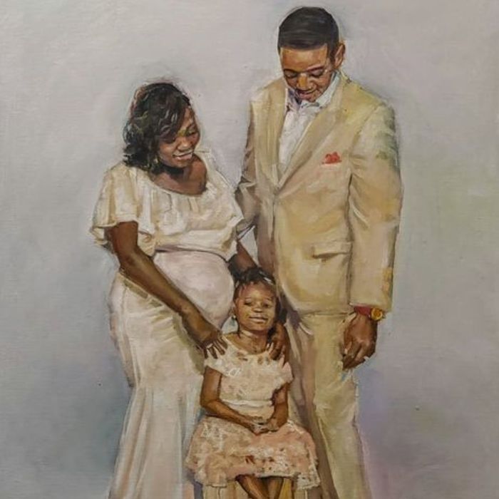 a painting of an expecting mother, a father, and a young girl all dressed in cream colors